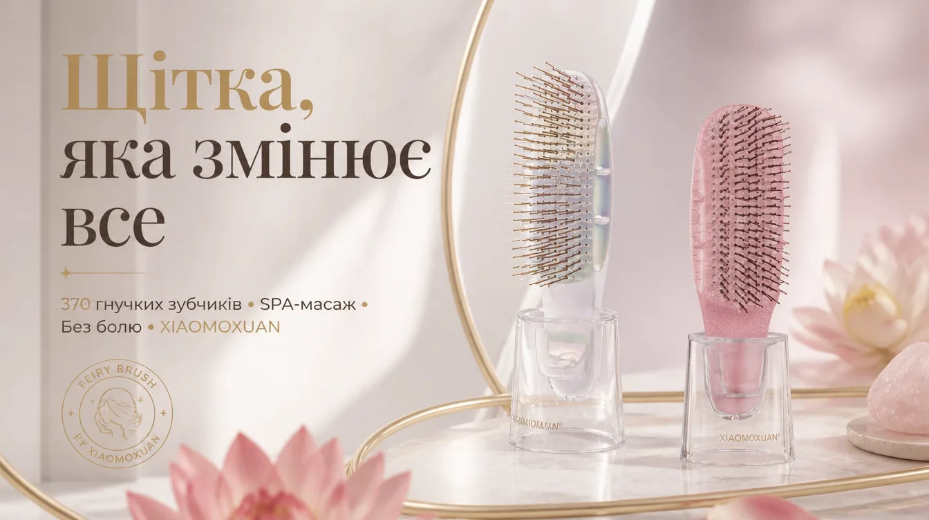Дві щітки Xiaomoxuan Feiry Brush на прозорих підставках: перламутрова і рожева на пастельному фоні