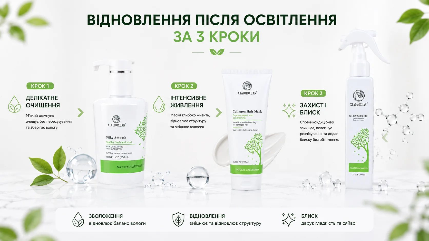 Відновлення волосся після освітлення за 3 кроки: шампунь, маска та спрей Xiaomoxuan Silky Smooth