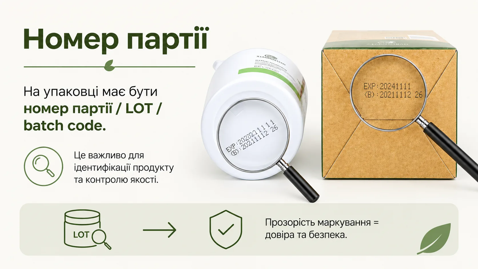 Номер партії LOT / batch code на дні флакона і на коробці Xiaomoxuan