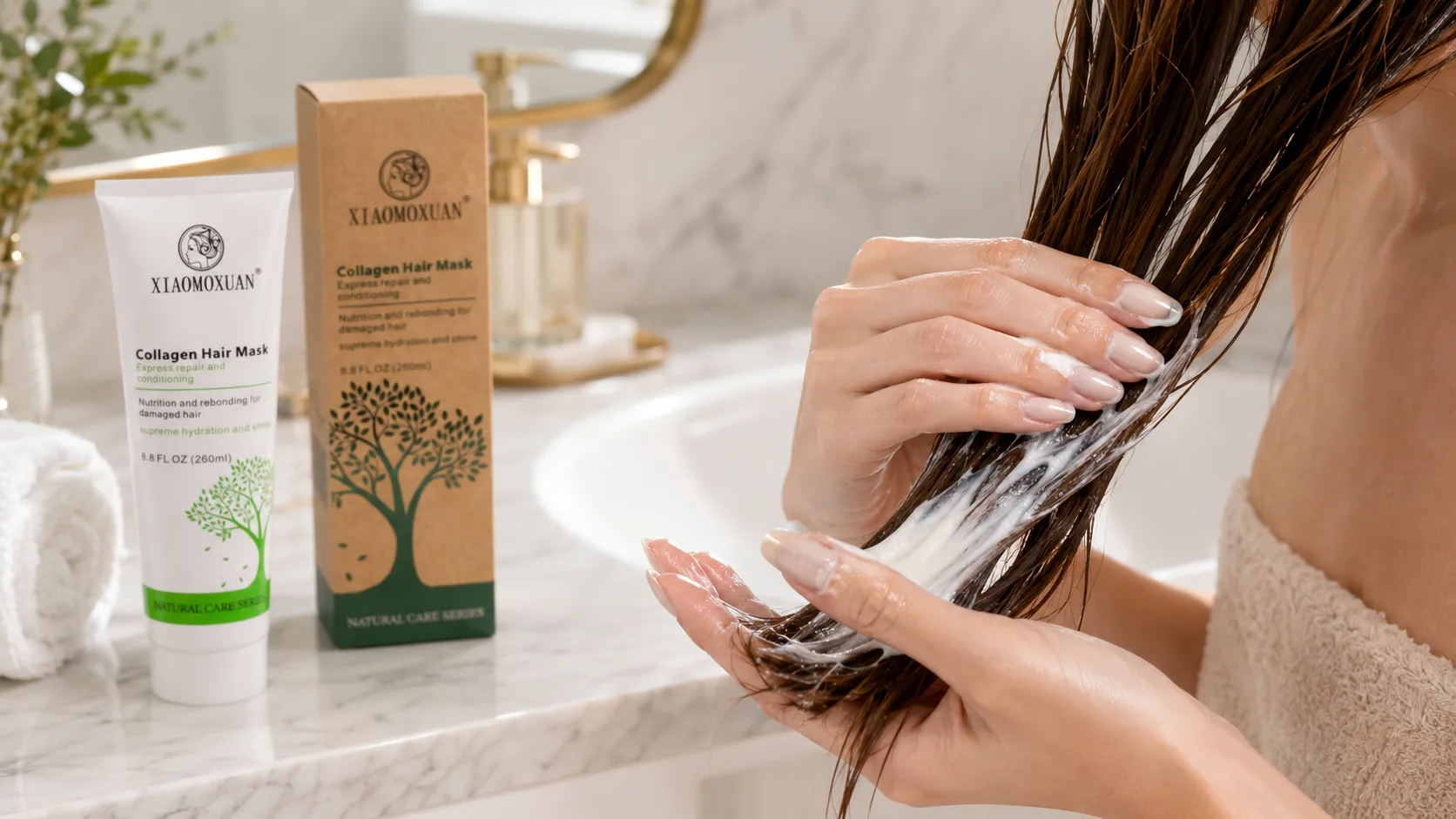 Нанесення маски Xiaomoxuan Collagen на довжину волосся